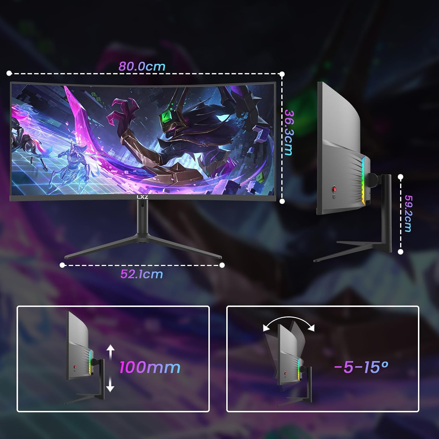 Detalle de LXZ 34 Zoll Curved Gaming Monitor mit 165 Hz, UWQHD 3440x1440, 1500R, Höhenverstellung und HDR