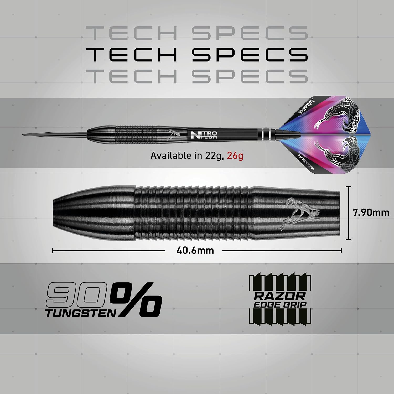 Detalle 2 de Red Dragon Peter Wright Snakebite 3: 26g Tungsten Darts Set with Flights and Stems