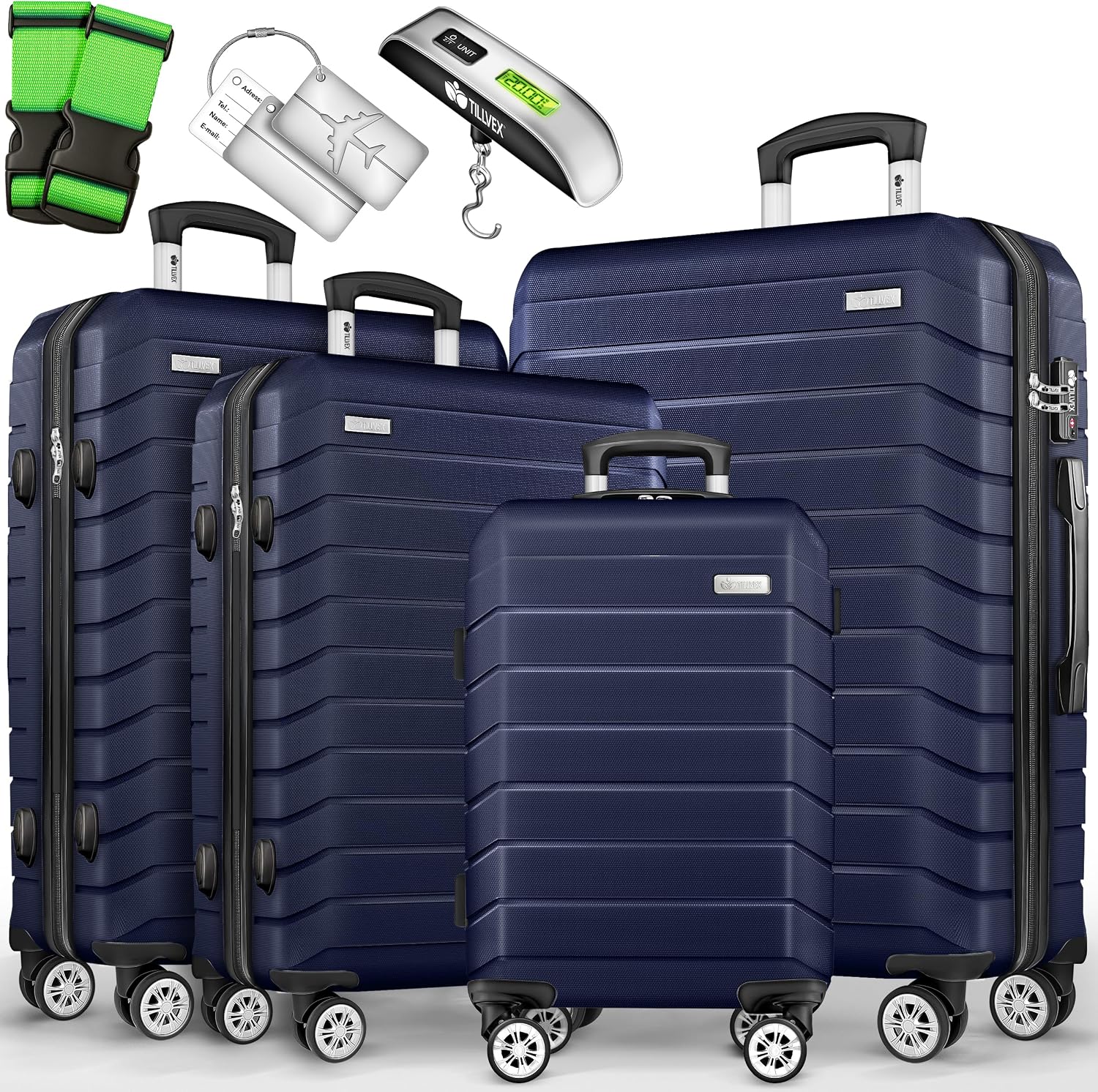 Detalle de tillvex® Set de 4 Valises de Voyage avec Balance, Sangles et Étiquettes – Coque ABS, TSA Lock, Roulettes 360°, Bleu Marine