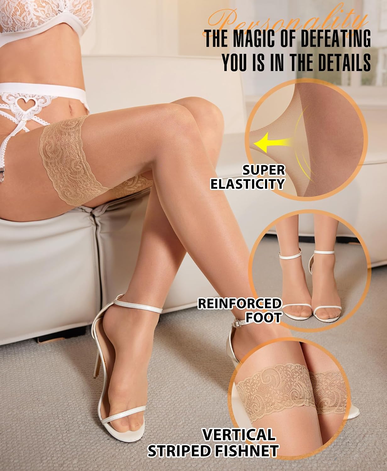 Detalle de RSLOVE 20D Hold-Up Stockings with Floral Lace and Silicone Band