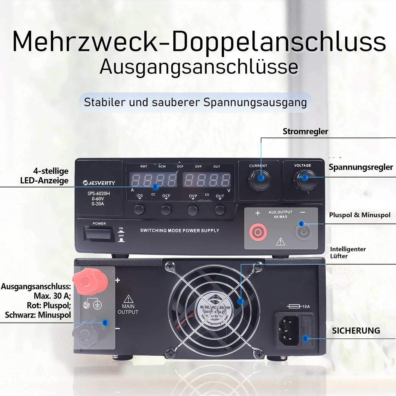 Thumbnail 4 de Jesverty Labornetzteil SPS-H/HP 900W Serie: Variabeles DC-Netzteil 0–60V / 0–20A kompakt mit Encoder-Knopf