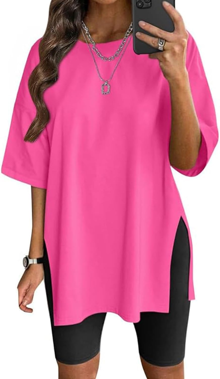Detalle de Damen Oversized T-Shirt Große Größen mit Seitenschlitz