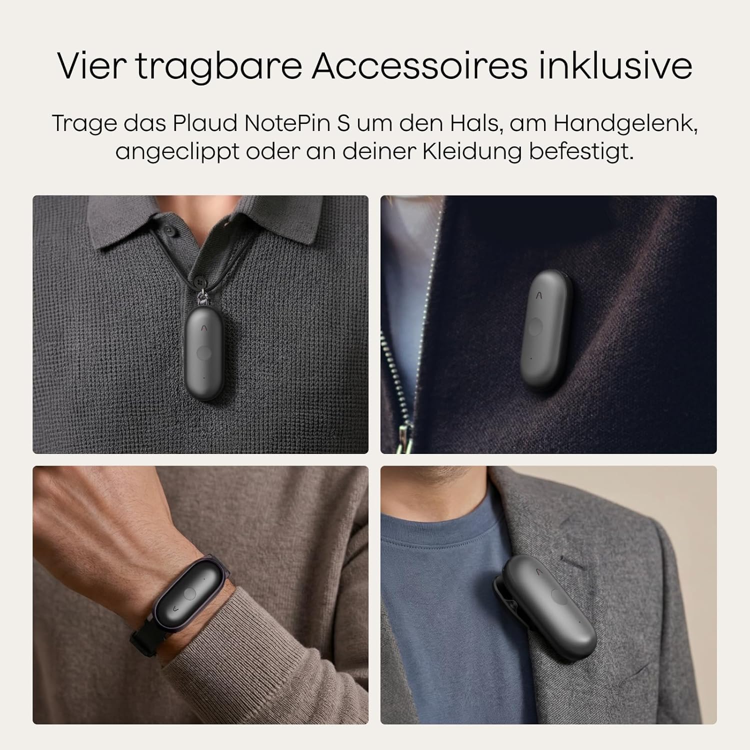 Detalle de Plaud NotePin S Diktiergerät mit taktiler Aufnahmetaste – KI-Transkription, Multimodale Eingabe und Vier Tragesteckformen