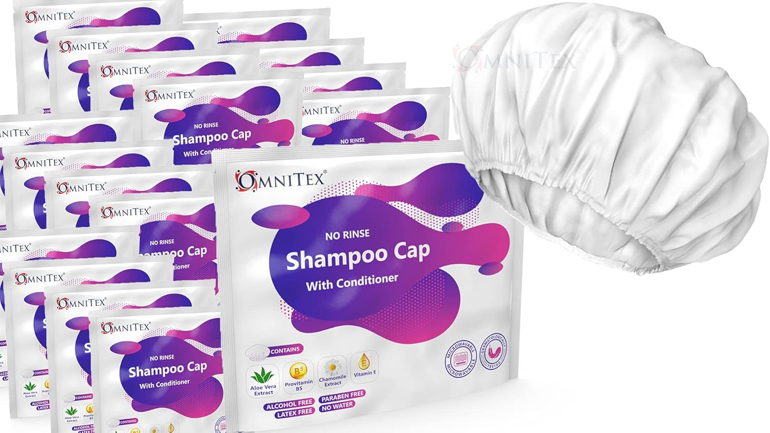 Detalle de Omnitex Premium Rinse Free Shampoo Cap (with Conditioner & Vitamins) – Microwaveable, 6pk