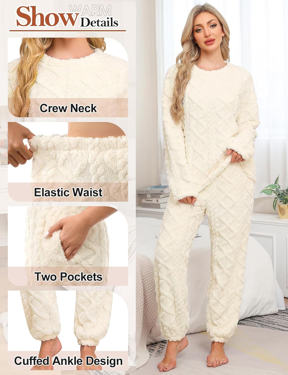 Detalle de Niwicee Pijama Mujer Invierno Polar: Conjunto 2 Piezas en Beige, Talla S