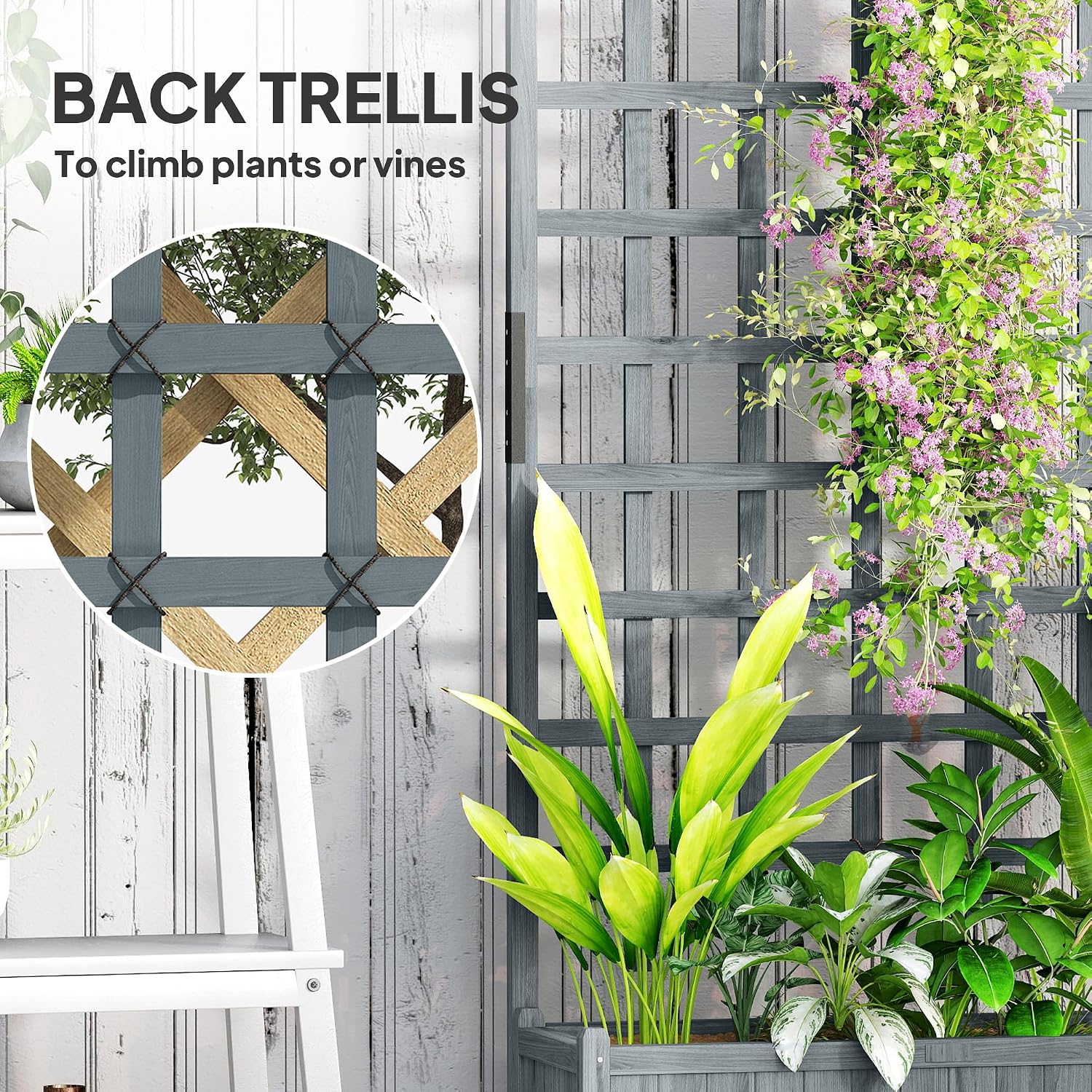 Detalle de Outsunny 84H-001V00GY Wooden Trellis Planter, Grey, 54L, with Wheels