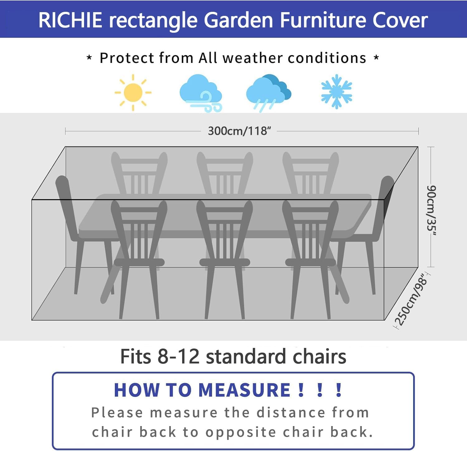 Detalle de RICHIE Extra Large Garden Furniture Cover 300x250x90cm – Waterproof, Windproof & UV‑Protected