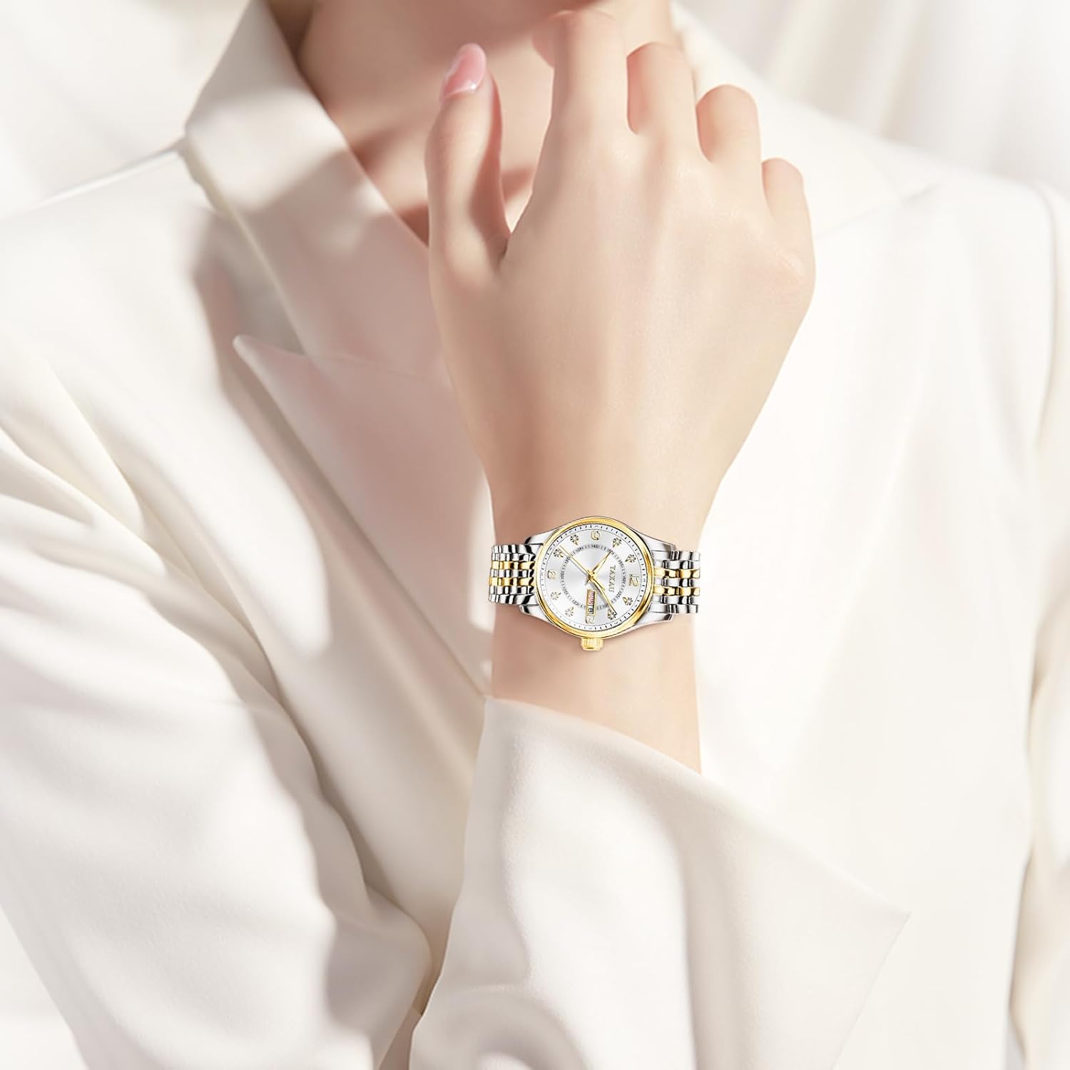 Thumbnail 6 de Taxau Damen-Armbanduhr mit Quarzwerk, Datum und 3ATM Wasserschutz im Edelstahlband (Gold/Silber)
