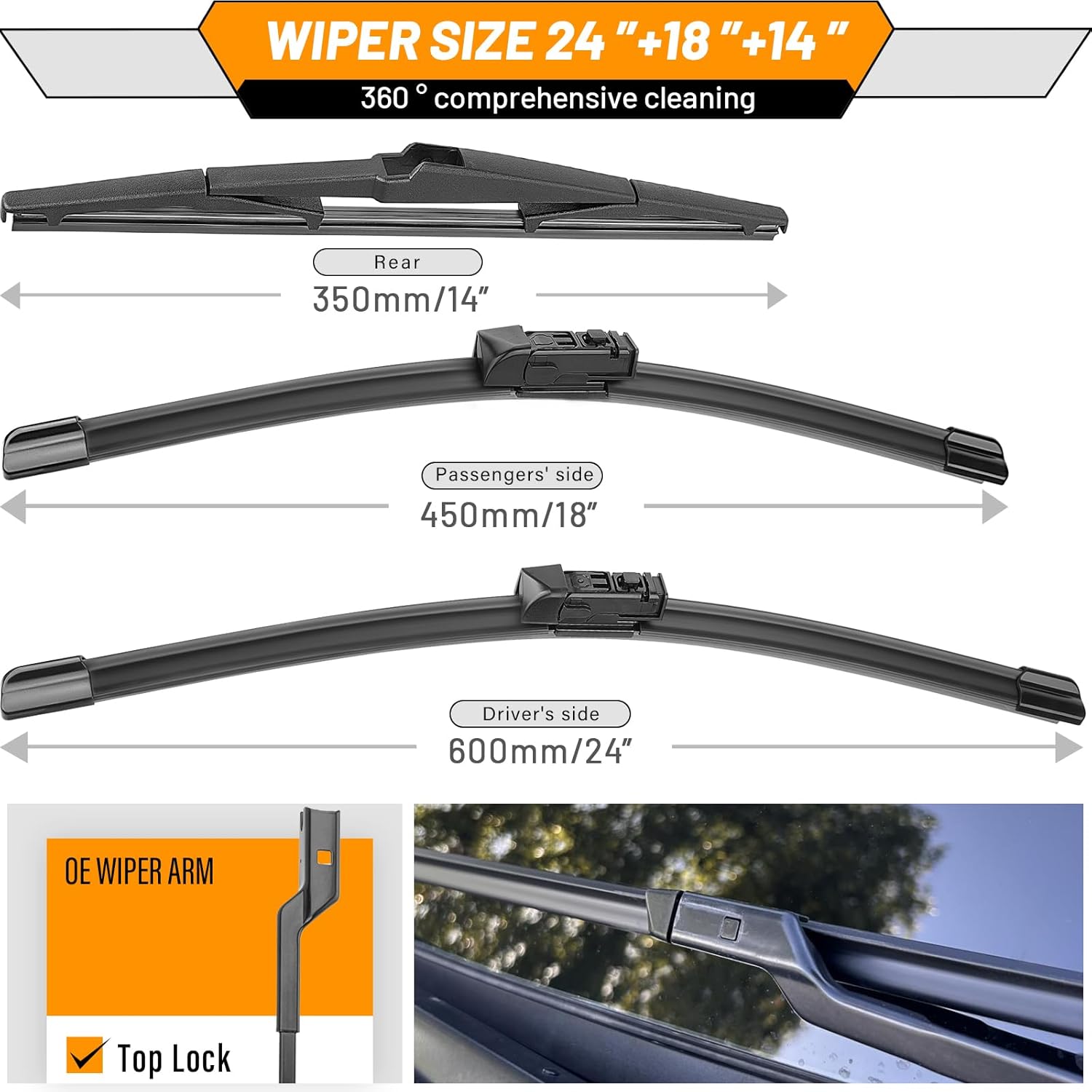 Thumbnail 2 de AUTOBOO 24" + 18" Windshield Wipers with 14" Rear Wiper Blade (Pack of 3) for Mazda CX-5/CX-9