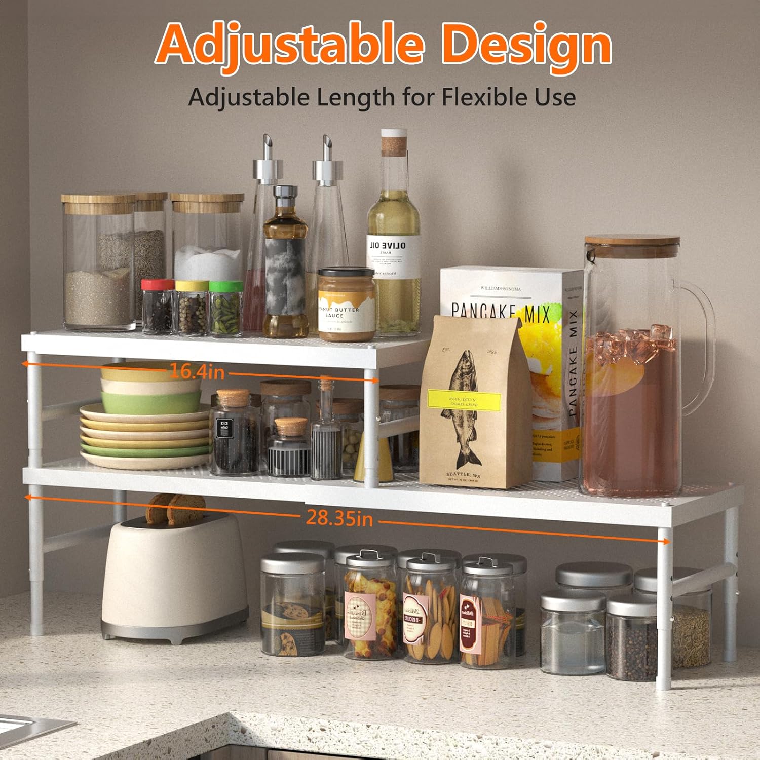 Detalle de SKYSER expandable adjustable spice rack for cabinet shelves (white) – 41.7–72cm range