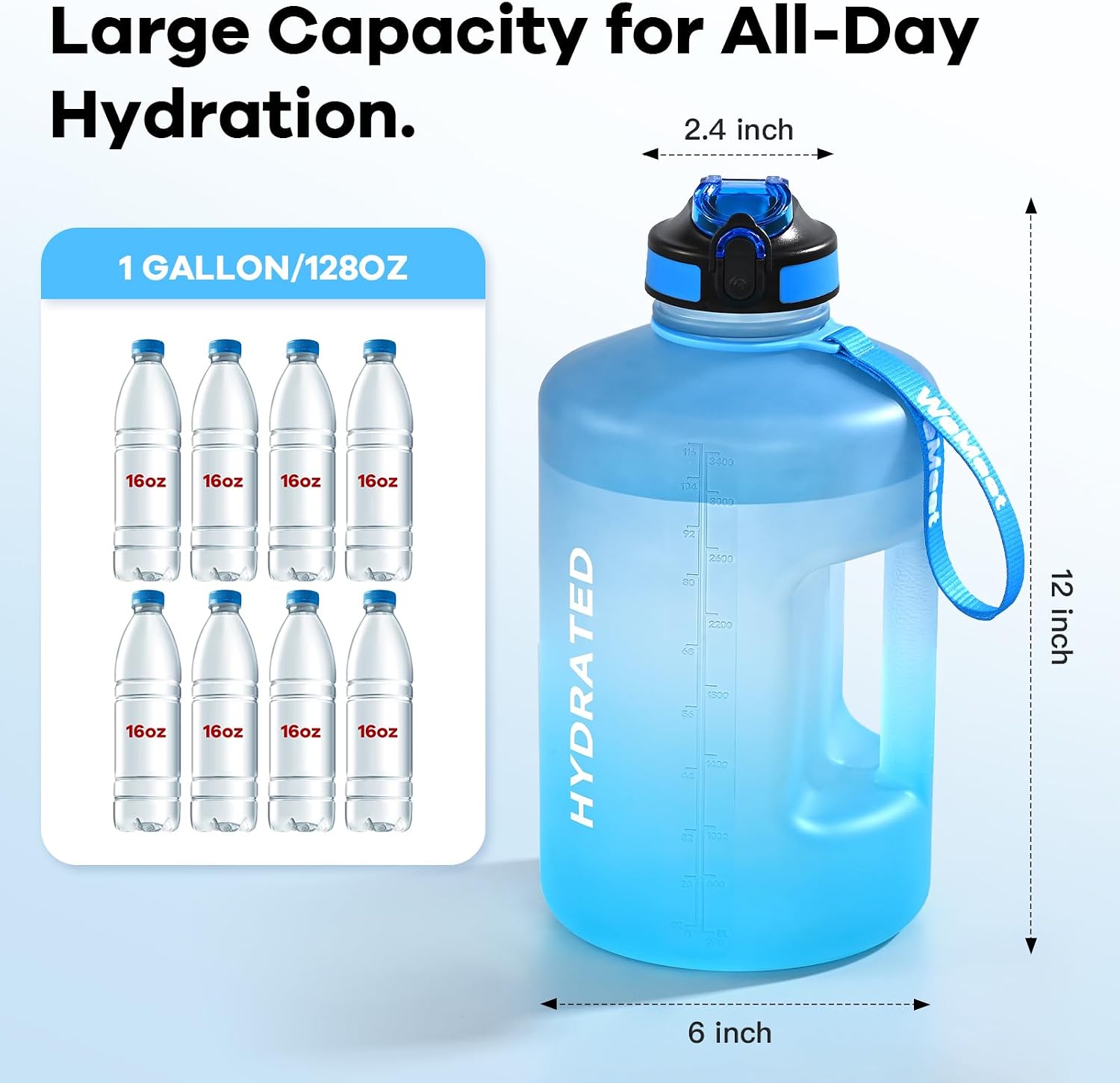Detalle de WEMEET 128oz Water Bottle with Straw, Time Marker and Wide Mouth, Blue