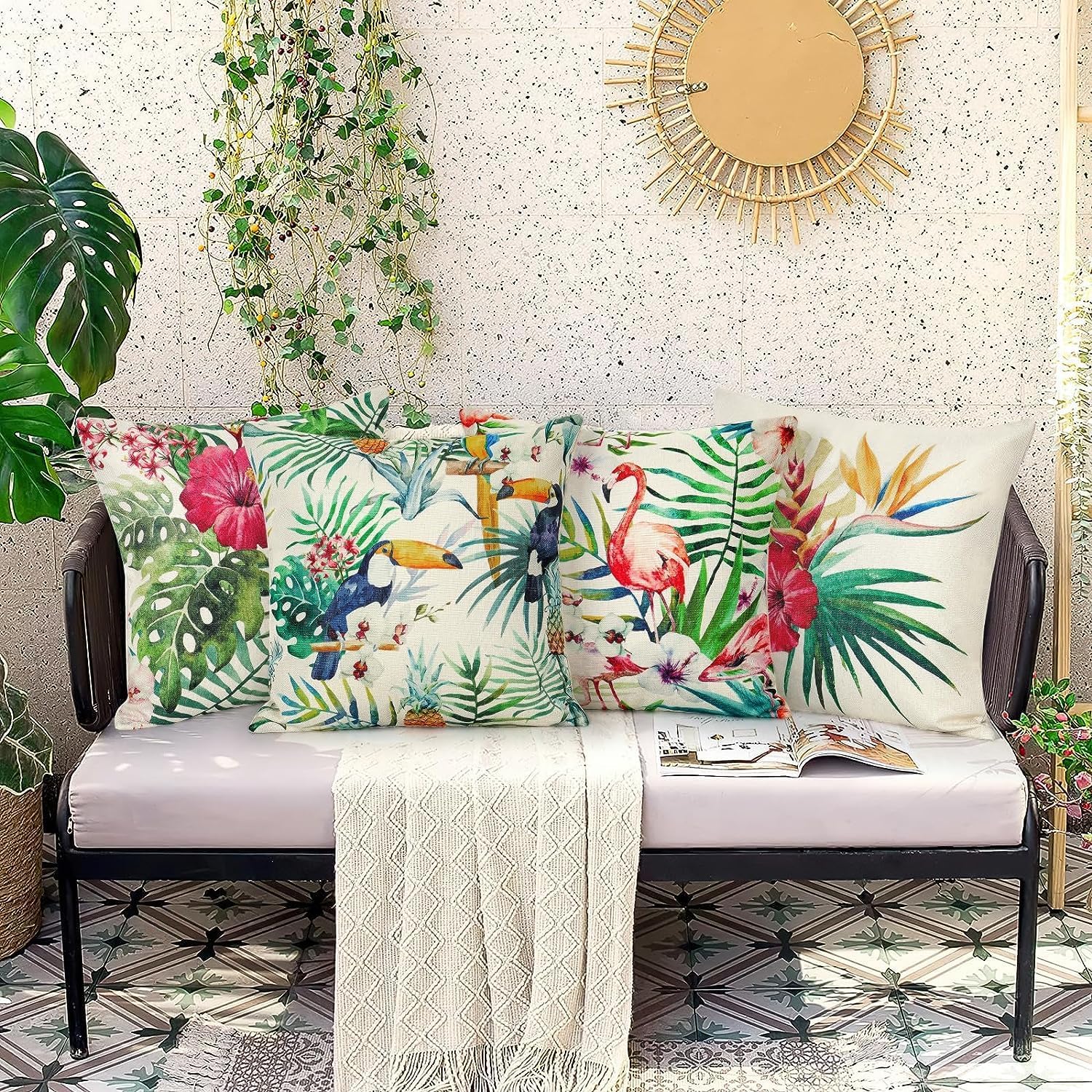 Thumbnail 2 de Weldomcor Waterproof Cushion Cover Set of 4 (45x45 cm) Tropical Plant Outdoor Throw Covers