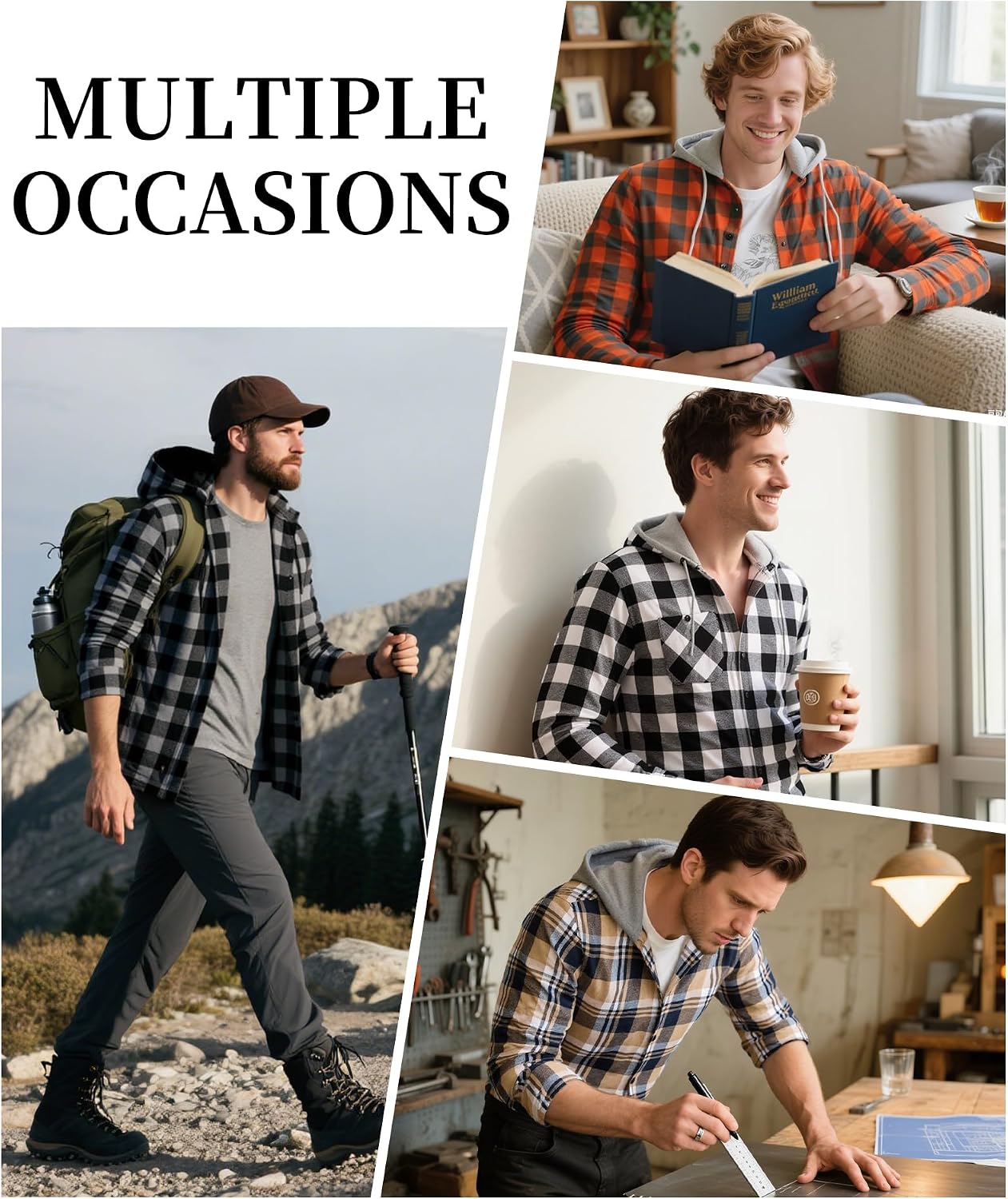 Thumbnail 1 de 5 Pack Men's Flannel Shirt Plaid Hoodie, Long Sleeve