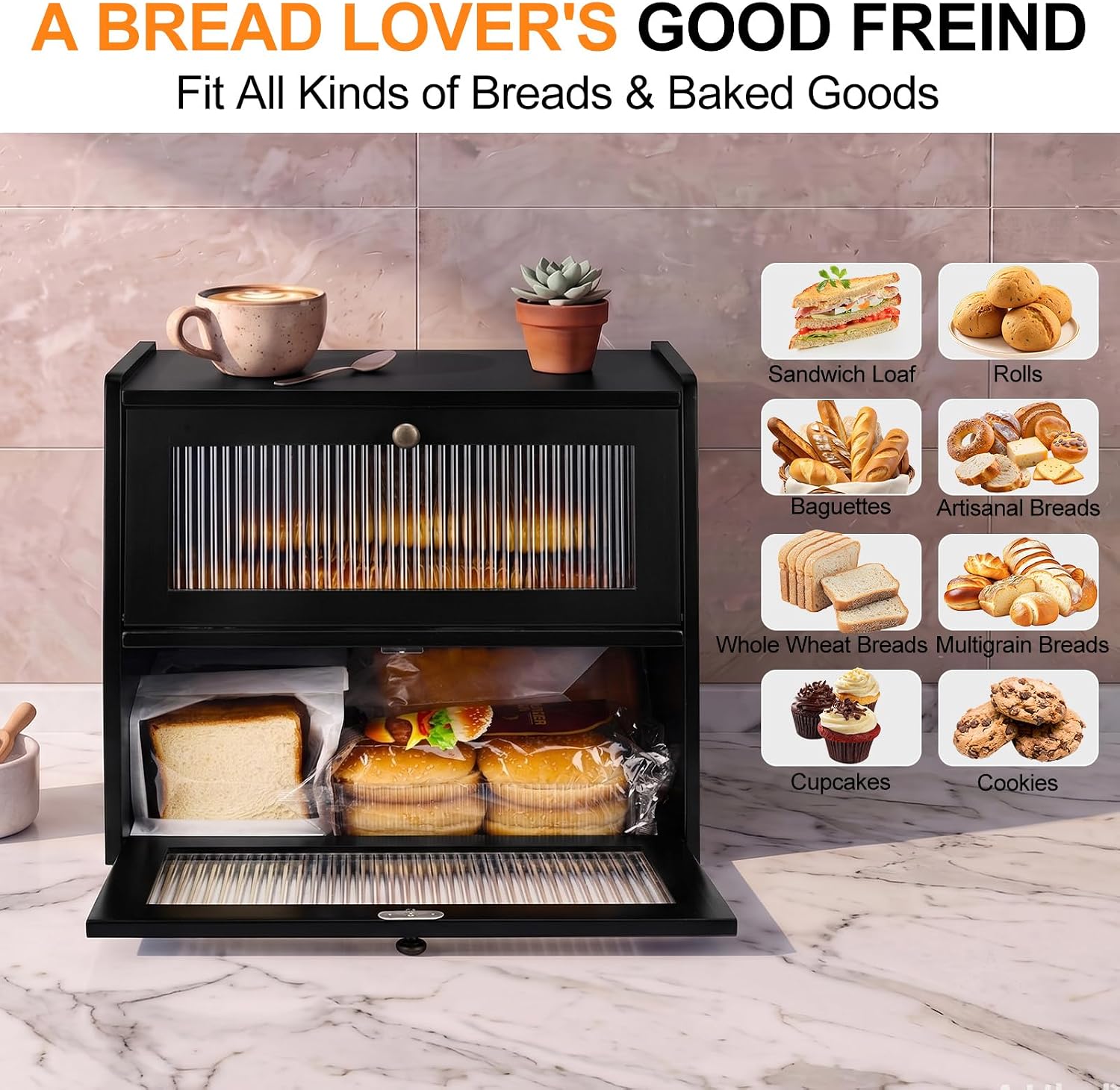 Detalle 2 de Alpeir Double-Layer Bread Box, Black Pine Wood with Acrylic Window