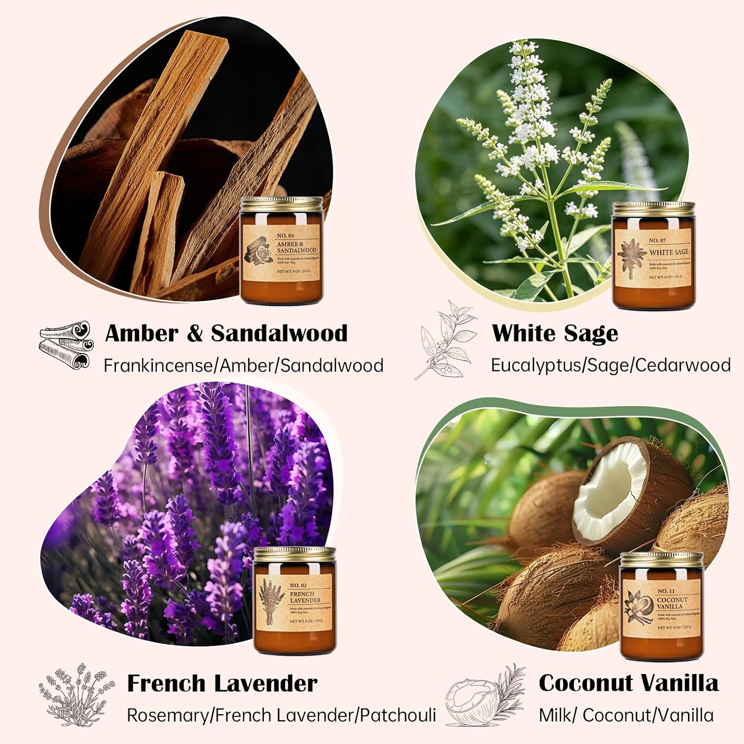 Detalle 2 de Scented Candles for Women – Large 36 oz 4-Pack Gift Set (Lavender, Amber & Sandalwood, White Sage, Coconut Vanilla)