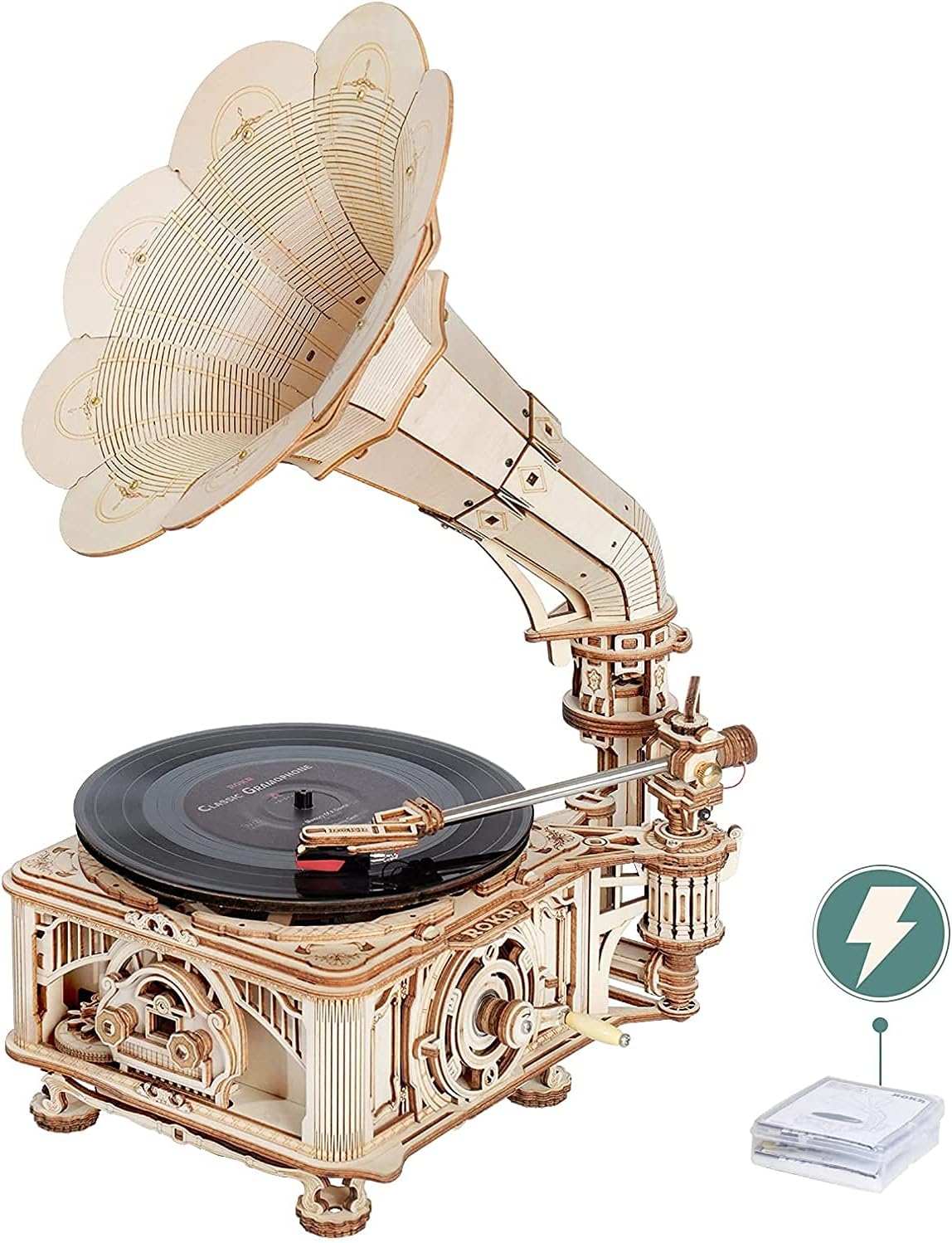 Detalle de ROKR Puzzle 3D in legno LKB01D – grammofono classico da costruire con modalità automatica e manuale
