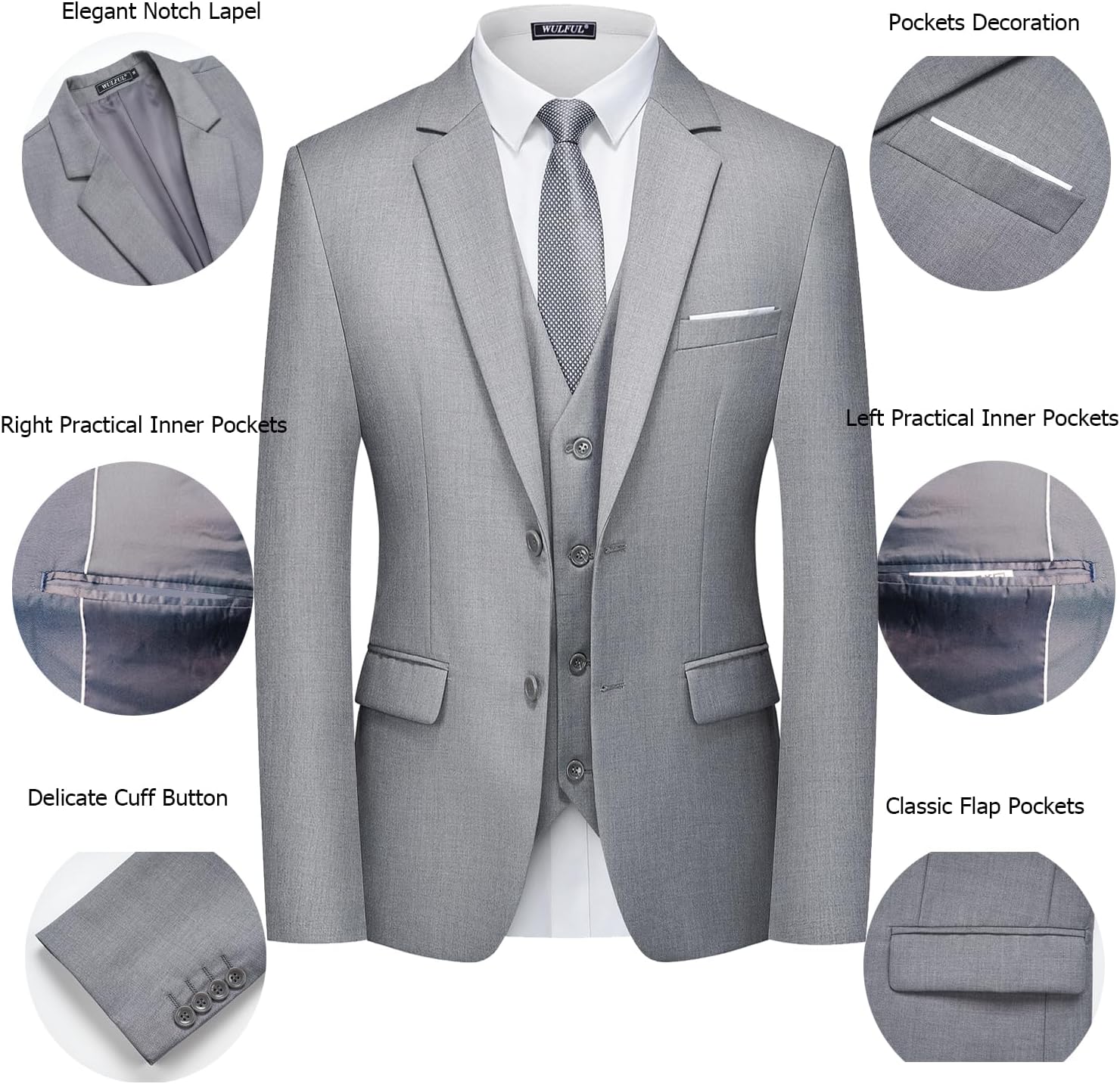 Thumbnail 3 de WULFUL Men’s 3-Piece Slim Fit Suit Set (Two-Button Blazer, Vest & Pants) for Party, Wedding & Business