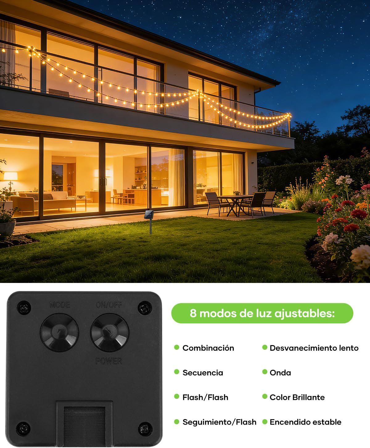 Thumbnail 3 de Suright Guirnaldas Luces Exterior Solar: 13 m, 60 LEDs, 8 modos con memoria