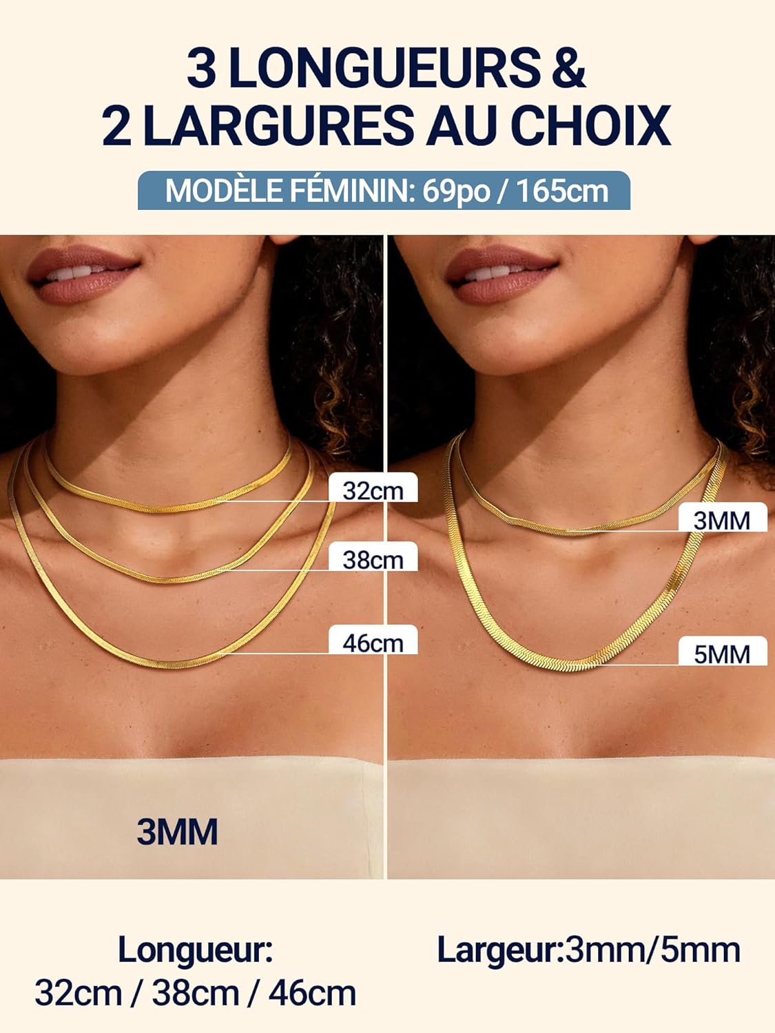 Thumbnail 3 de PROSTEEL Collier femme en acier inoxydable 316L plaqué or jaune, maille miroir 3 mm