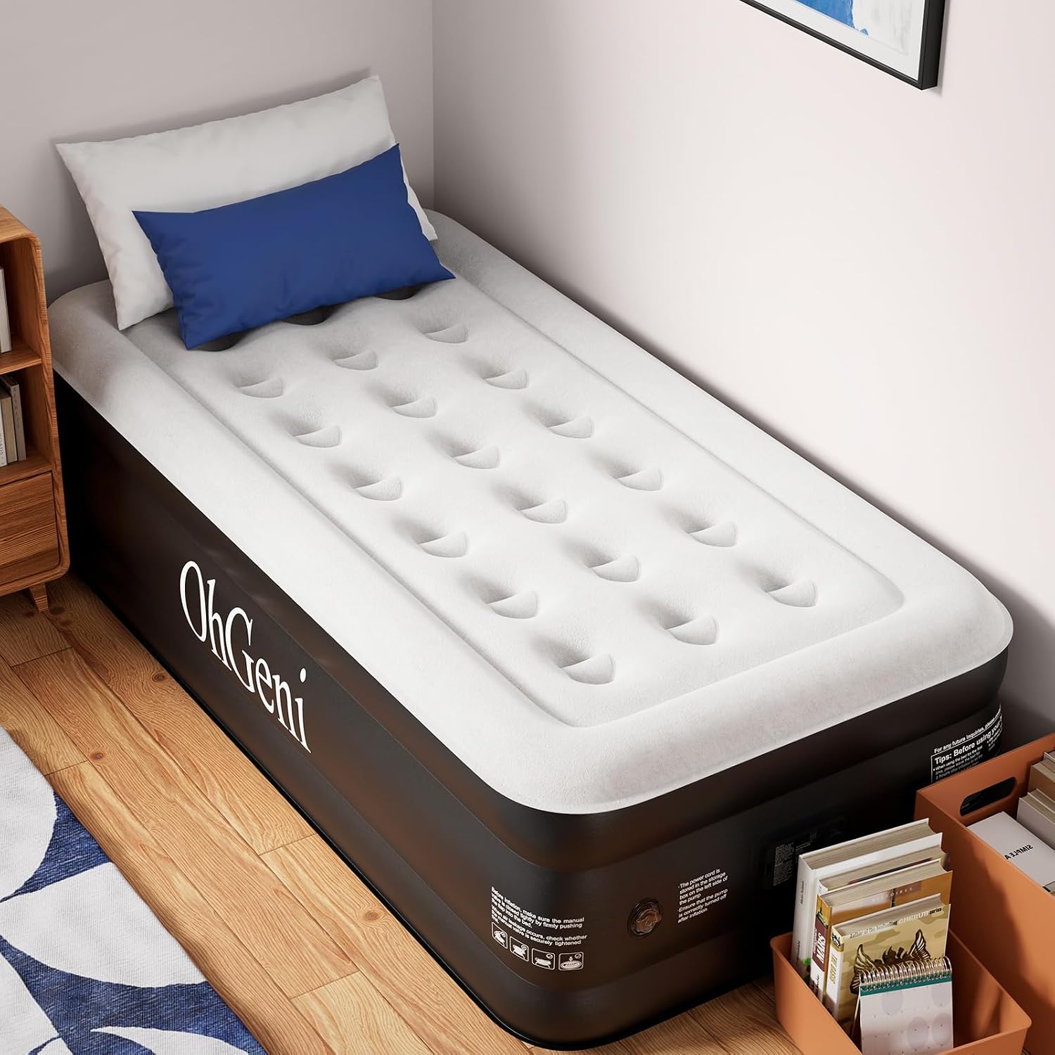 Detalle de OhGeni AMH5 Twin Air Mattress with Built-In Pump, 18-Inch Raised Design