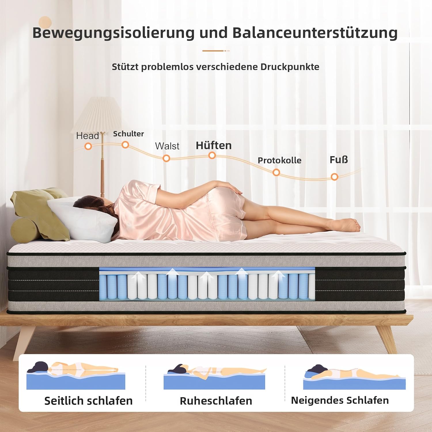 Thumbnail 3 de Bednew Matratze 90 x 200 cm Federkern 7-Zonen H3 (31 cm) mit Memory-Schaum & Öko-Tex