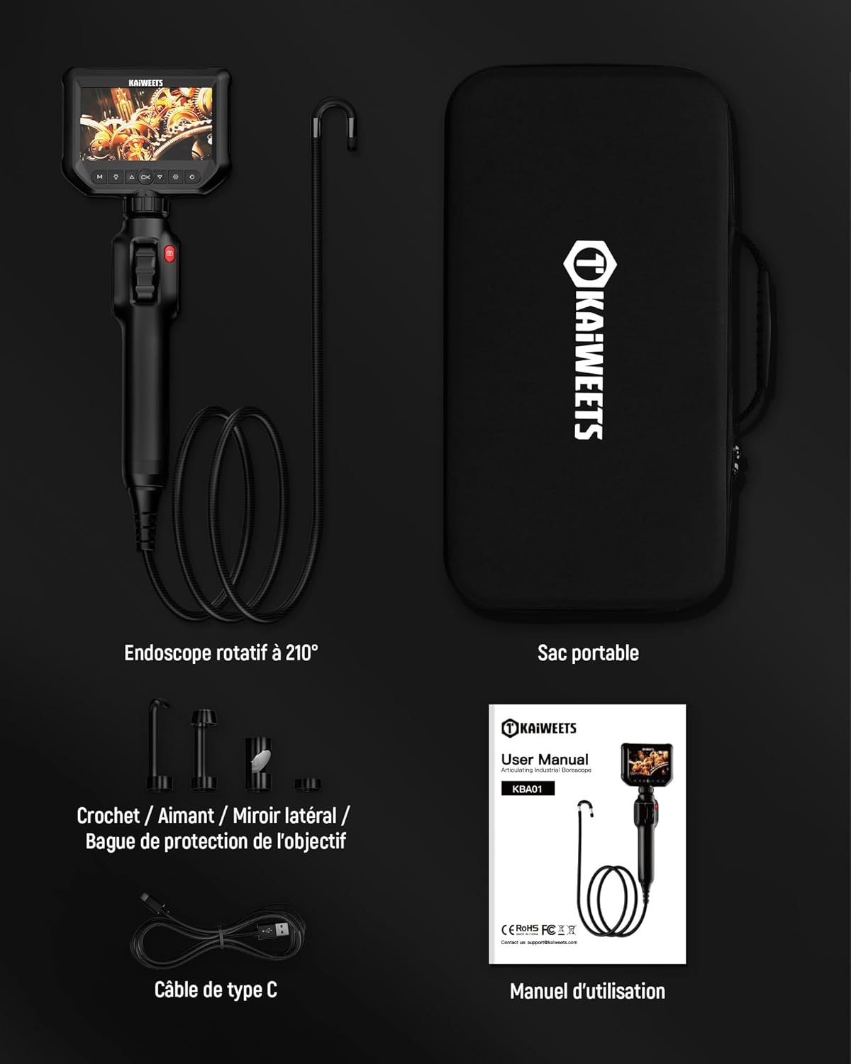 Thumbnail 6 de KAIWEETS Camera Endoscopique 4,3" — 1080P HD, molette de défilement, rotation bidirectionnelle 210°, IP67, 2 m