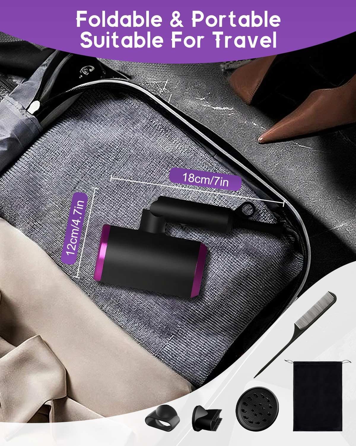 Detalle de Small Hair Dryer, Foldable Ionic Blow Dryer with Diffuser & Concentrator for Travel and Everyday Use