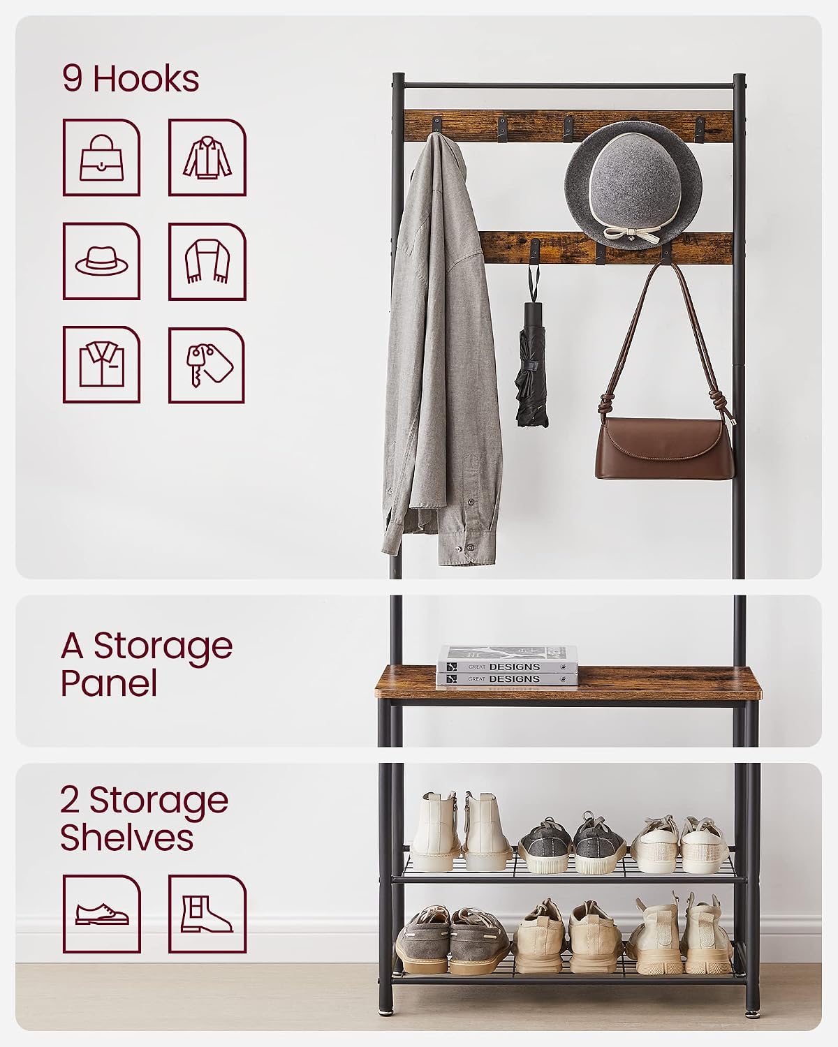 Thumbnail 6 de VASAGLE UHSR41BX Entryway Coat Rack with Shoe Bench, 9 Hooks