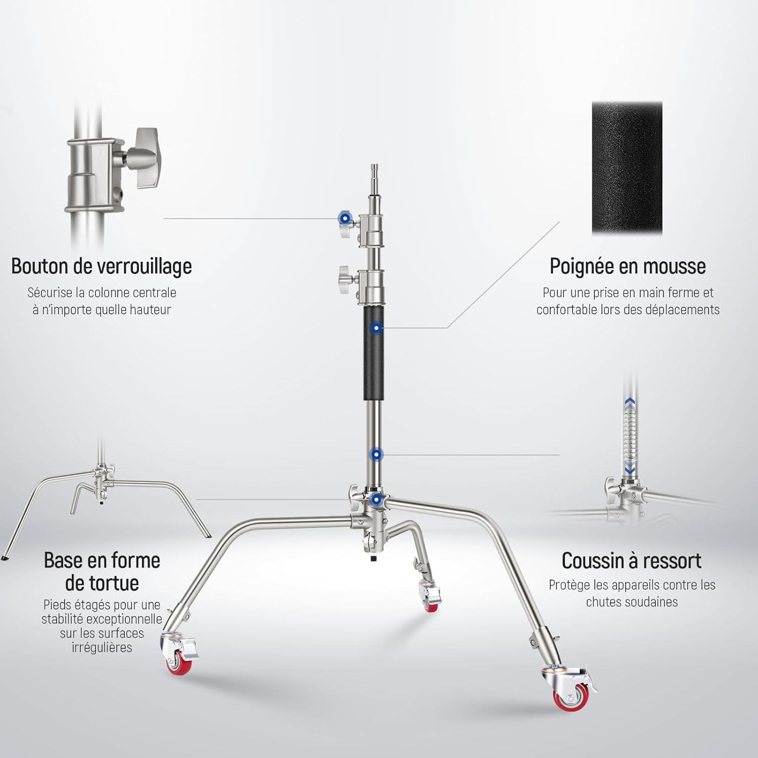 Thumbnail 6 de NEEWER Support en C inox avec roulettes pivotantes 360° – hauteur 110 à 186 cm et bras de perche 83 cm