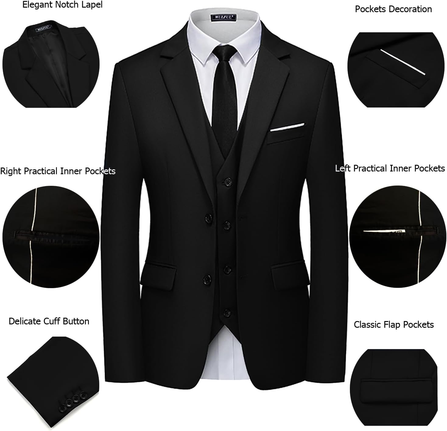 Thumbnail 3 de WULFUL Men’s 3-Piece Slim Fit Suit Set (Two-Button Blazer, Vest & Pants) for Party, Wedding & Business