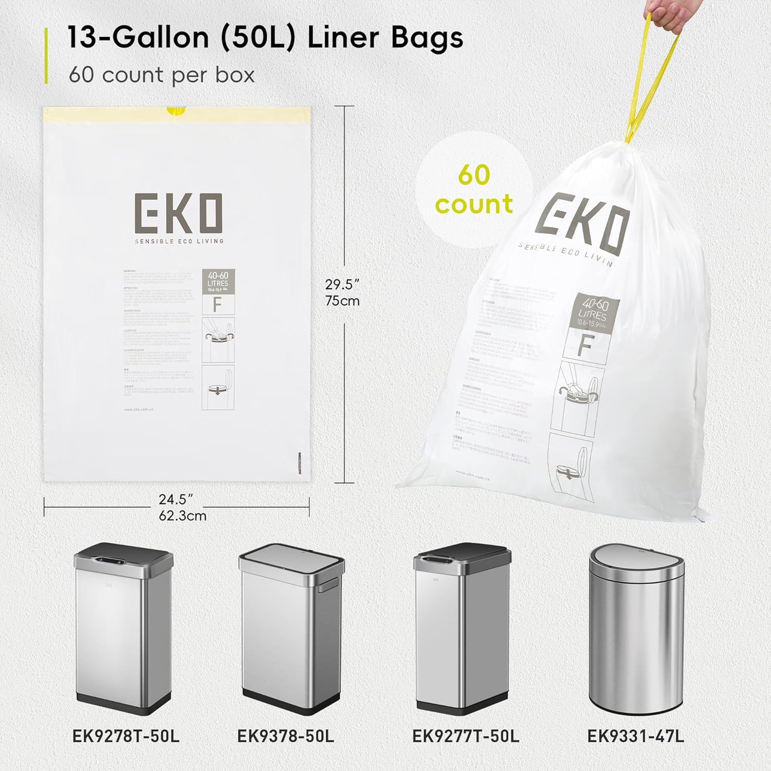 Thumbnail 6 de EKO Easy Dispense — Lot de 60 sacs poubelle extra résistants (40–60 L) avec cordon de serrage