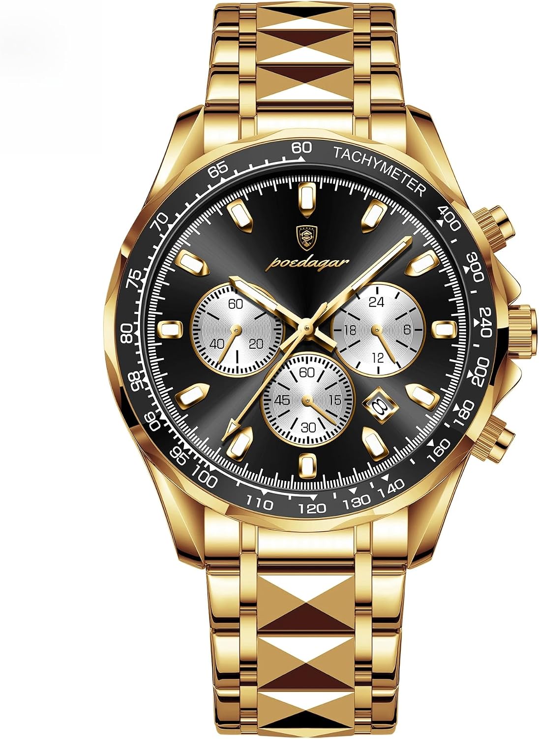 Detalle de Poedagar orologio sportivo da uomo in acciaio inox, cronografo quadrante luminoso, impermeabile 30m