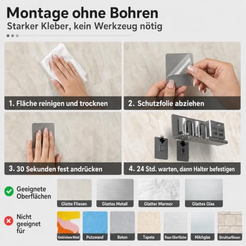 Thumbnail 7 de KEXIBO Zahnbürstenhalter Wand Ohne Bohren – Aluminium, Klebehalterung für 2 Becher, Grau