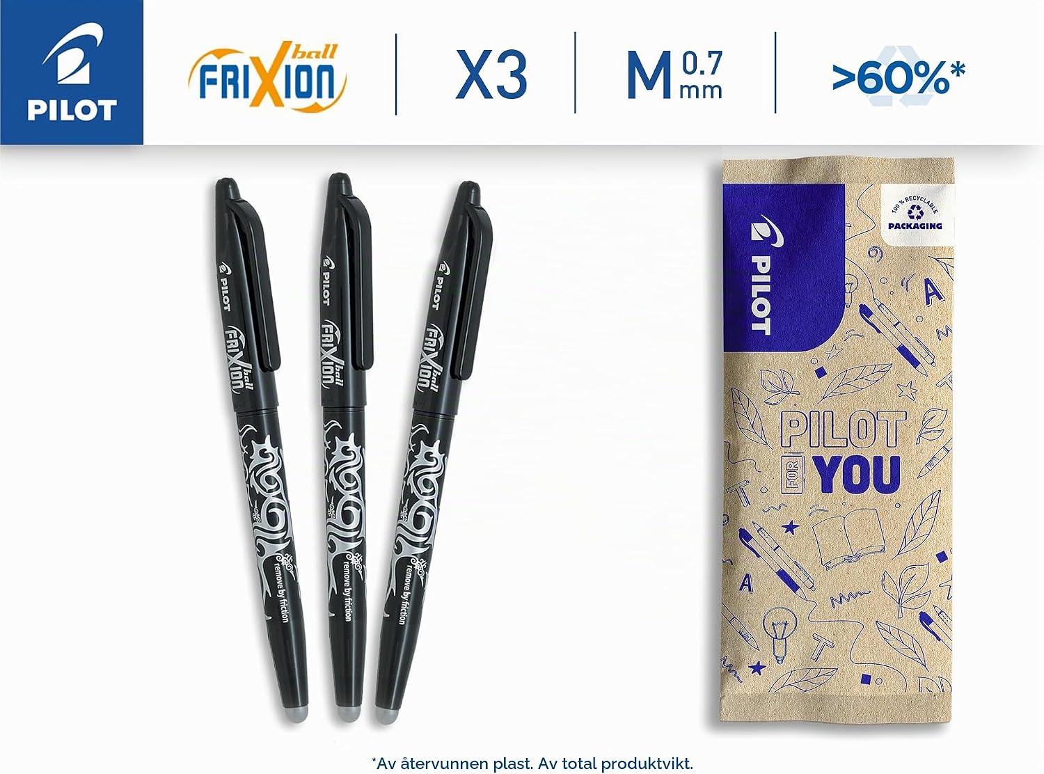 Thumbnail 1 de PILOT FriXion Ball 07 raderbar kulspetspenna, 3-pack med svart bläck