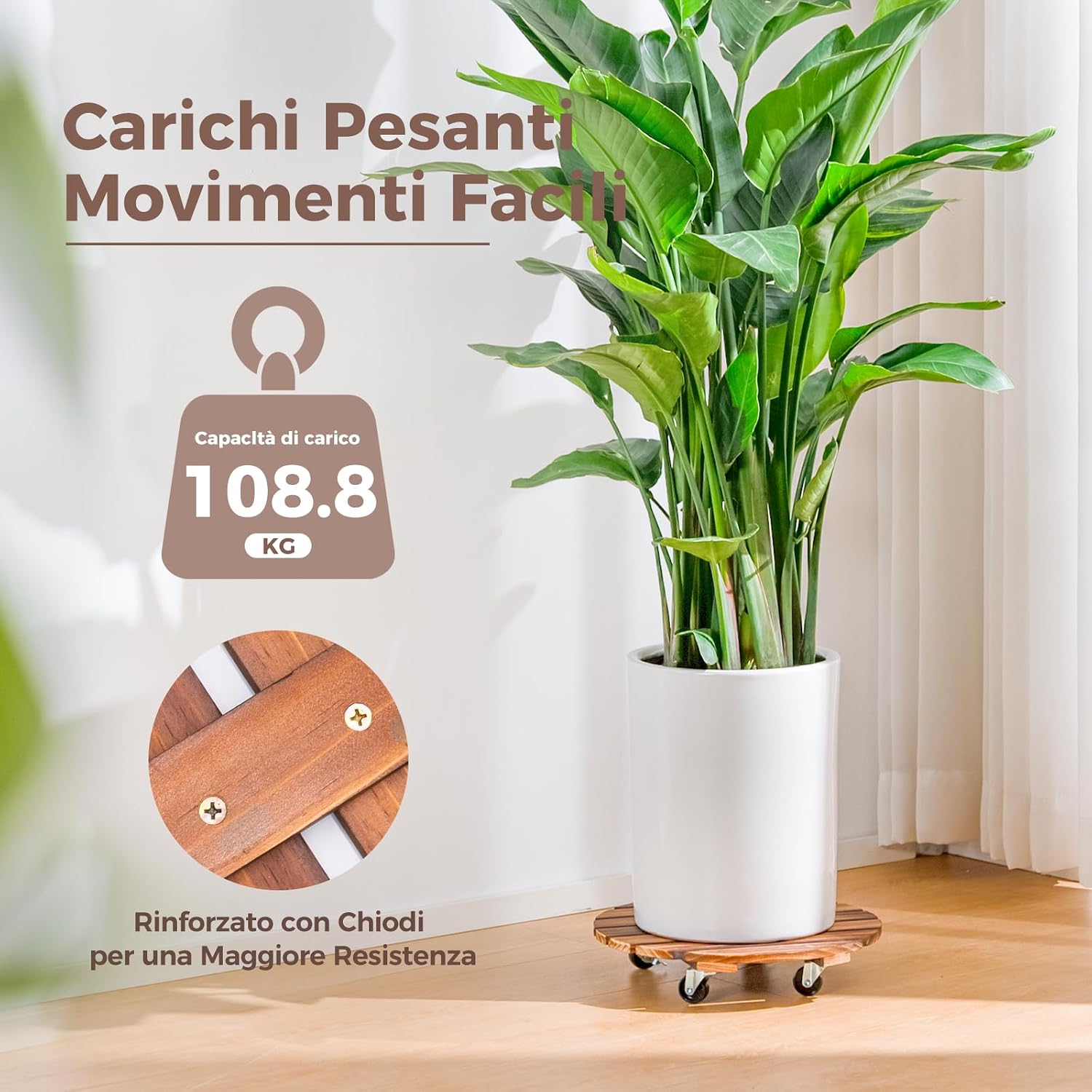 Detalle de Bamworld Porta Piante da Interno con Ruote – Set di 2 Basi Rotonde in Legno per Vasi Grandi