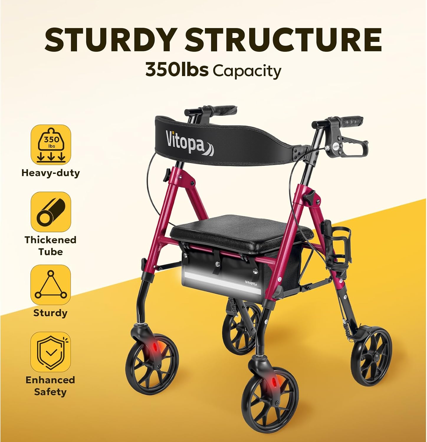 Detalle de Vitopa W20S-BR Rollator Walker with Seat, Adjustable Fit, 8-Inch Wheels