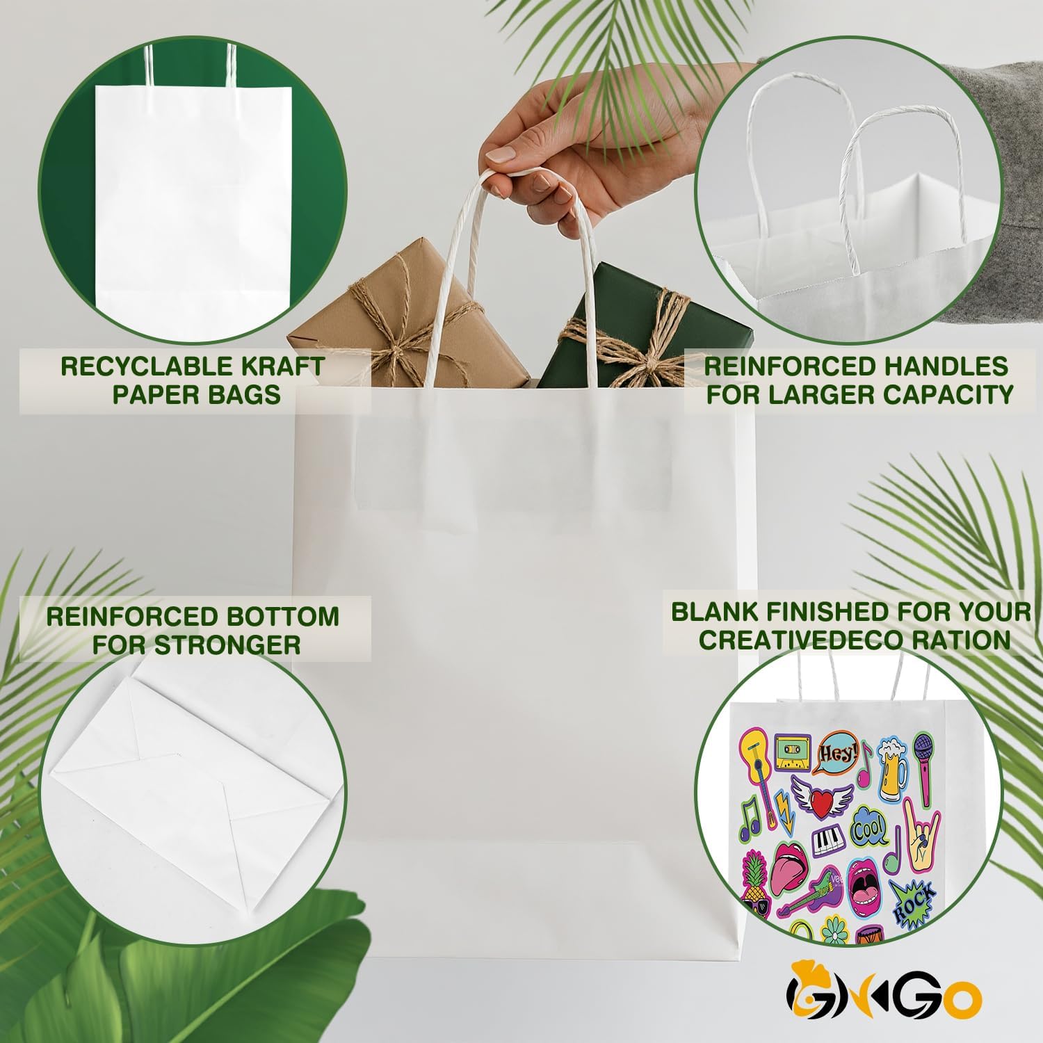 Thumbnail 2 de Ginkgo 100 Pack White Gift Bags with Handles – Medium Kraft Bags (8x4.25x10.25)