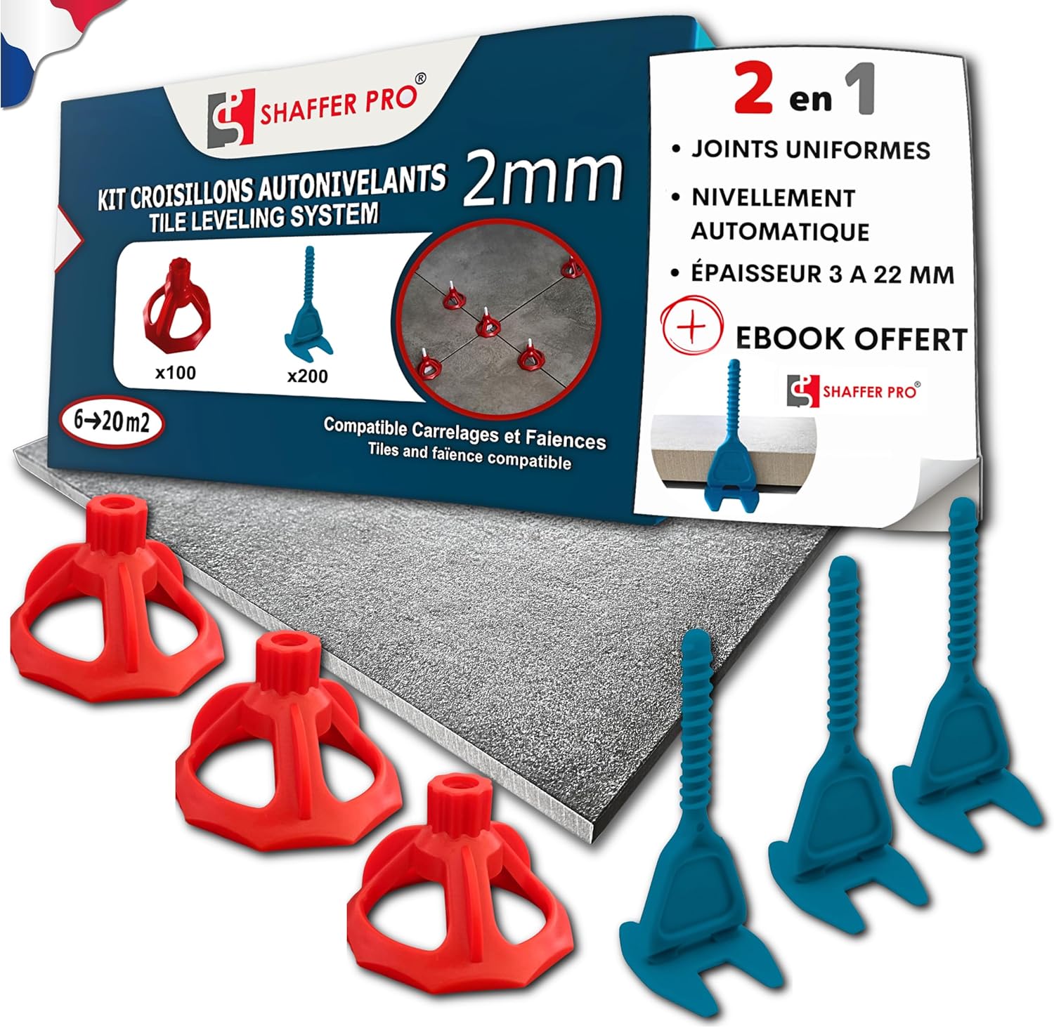 Croisillons carrelage autonivelant SHAFFER PRO 2 mm | 200 clips + 100 cœurs réutilisables (3 à 22 mm)