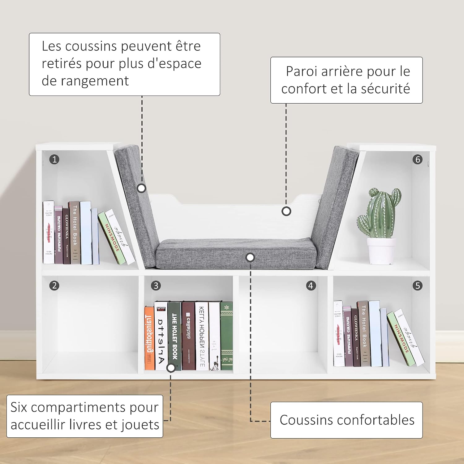 Detalle de HOMCOM bibliothèque-banc 2 en 1 avec coussins de siège et étagère cube 6 compartiments gris