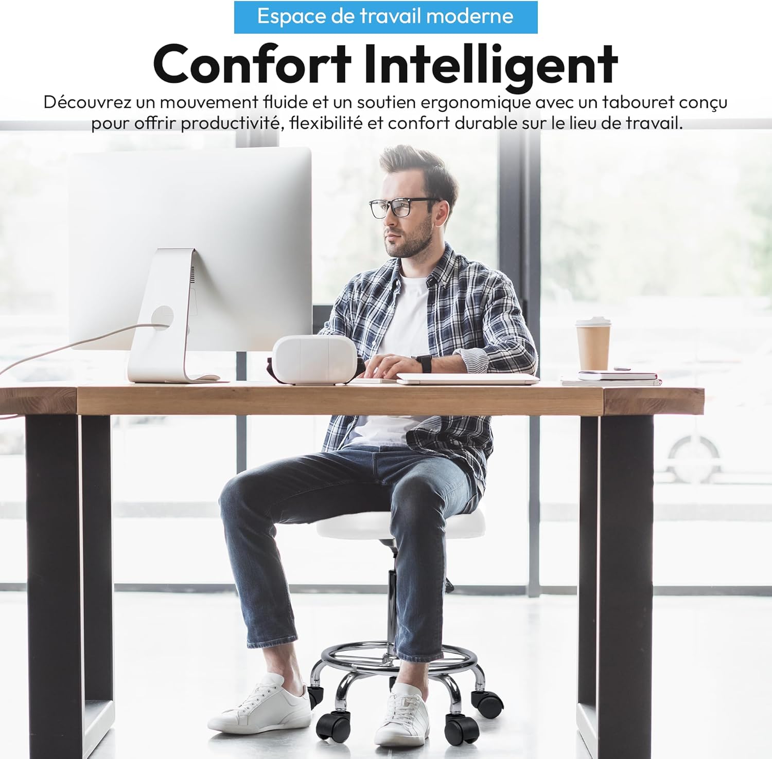 Thumbnail 6 de GOODS+GADGETS Ergonomie tabouret de travail enroulable pivotant, hauteur réglable (blanc)