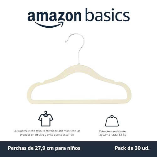 Thumbnail 1 de Amazon Basics Perchas de Terciopelo Antideslizante para niños y bebés, 30 unidades, 29,46 cm, Beige
