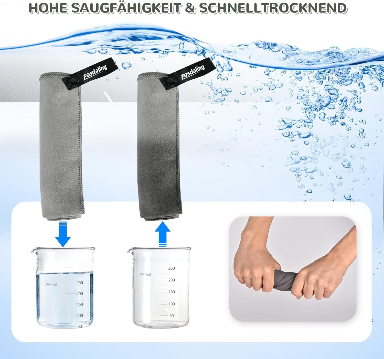 Thumbnail 6 de Fosdaling Mikrofaser Handtuch 3er-Set (200×100 cm + 2× 80×40 cm) – schnell trocknendes Sport- und Reisehandtuch in Hellgrau