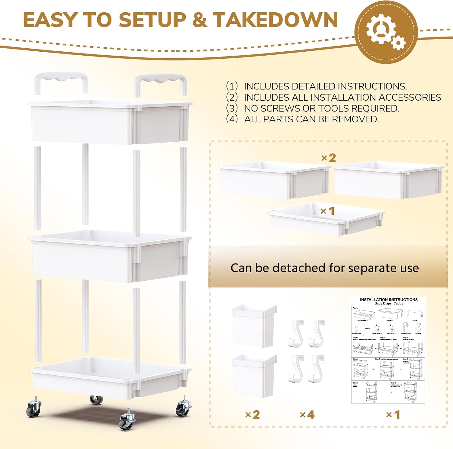 Thumbnail 5 de Goovilla 3-Tier Diaper Cart, White Rolling Organizer with Lockable Wheels