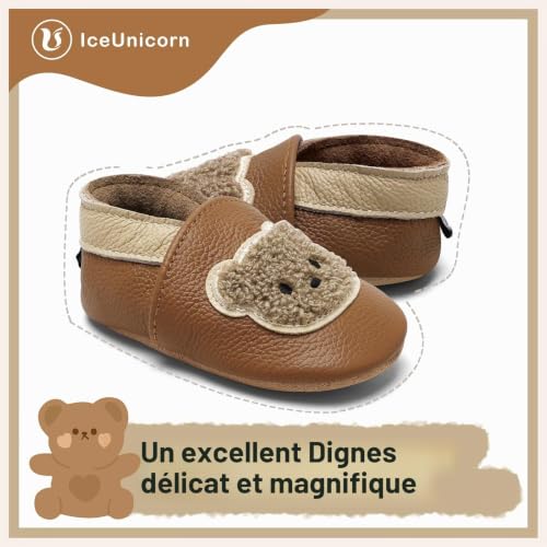 Detalle de IceUnicorn Chausson Bébé en Cuir Souple — Premiers Pas pour Garçon et Fille (Ours Brun Jaune, 12-18 mois)