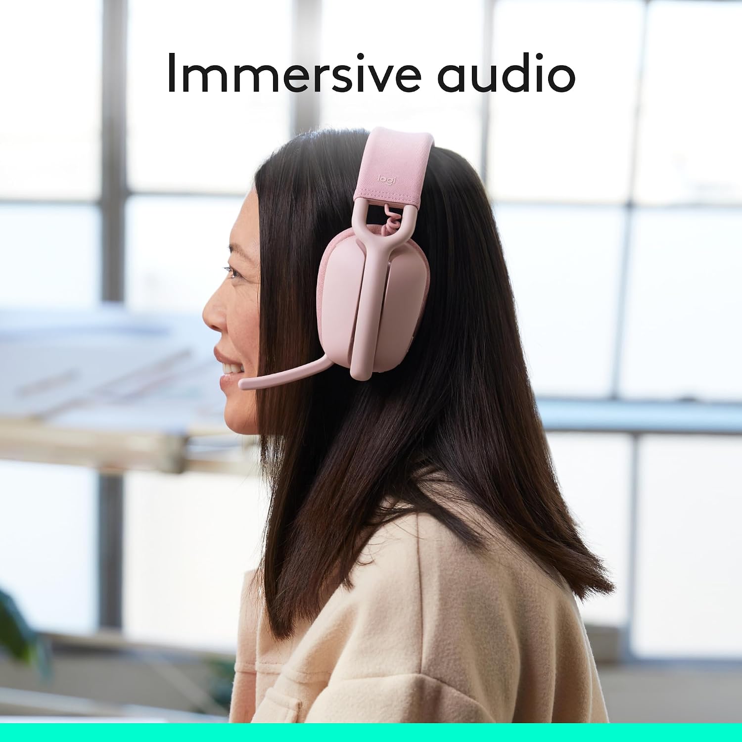 Detalle de Logitech Zone Vibe 100 Wireless Over-Ear Headphones, Rose, Multipoint Bluetooth