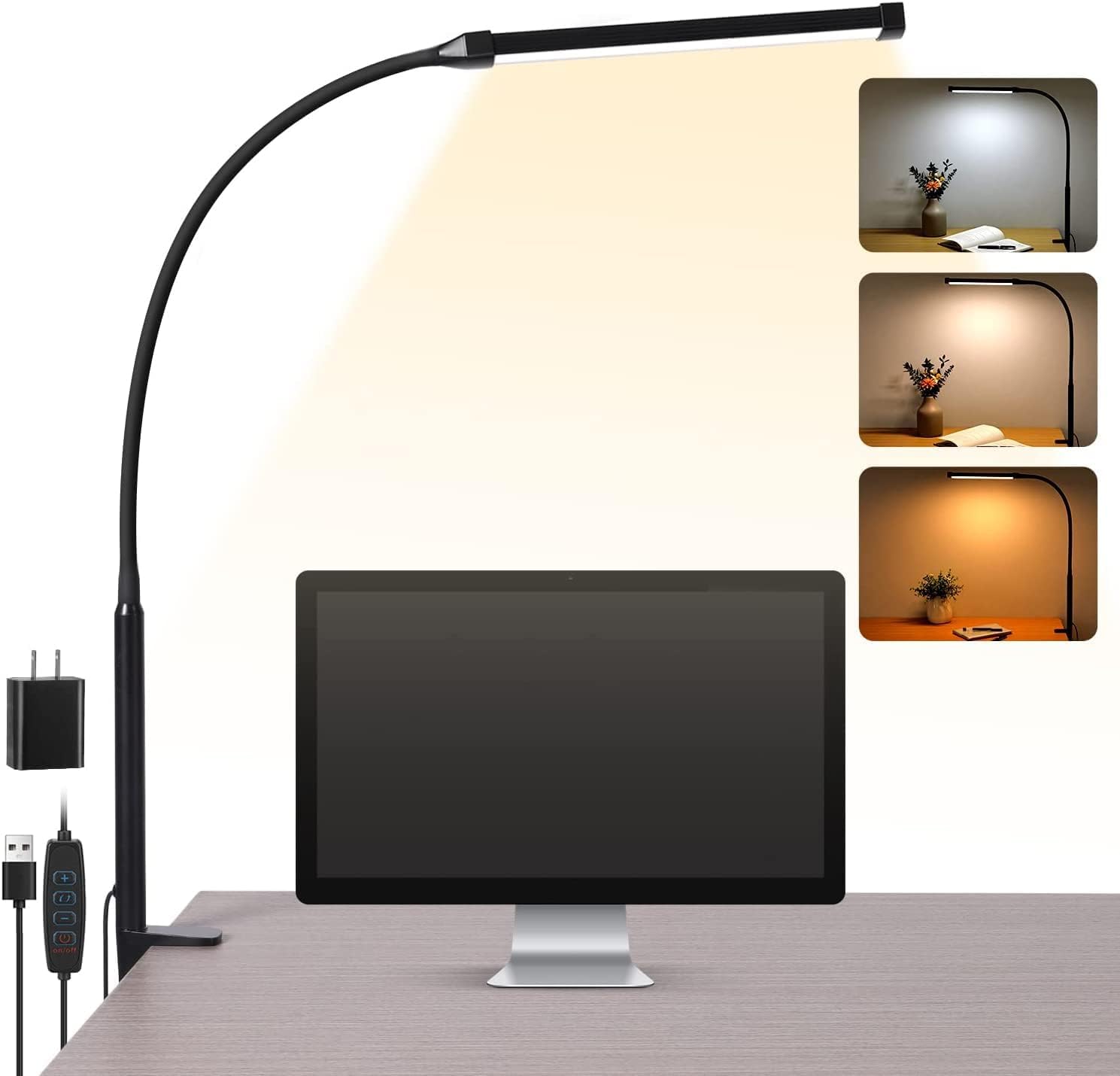 Voncerus LED Desk Lamp with Clamp (USB Adapter), 3 Color Modes & 10 Brightness Levels, Flexible Goose-Neck, Black