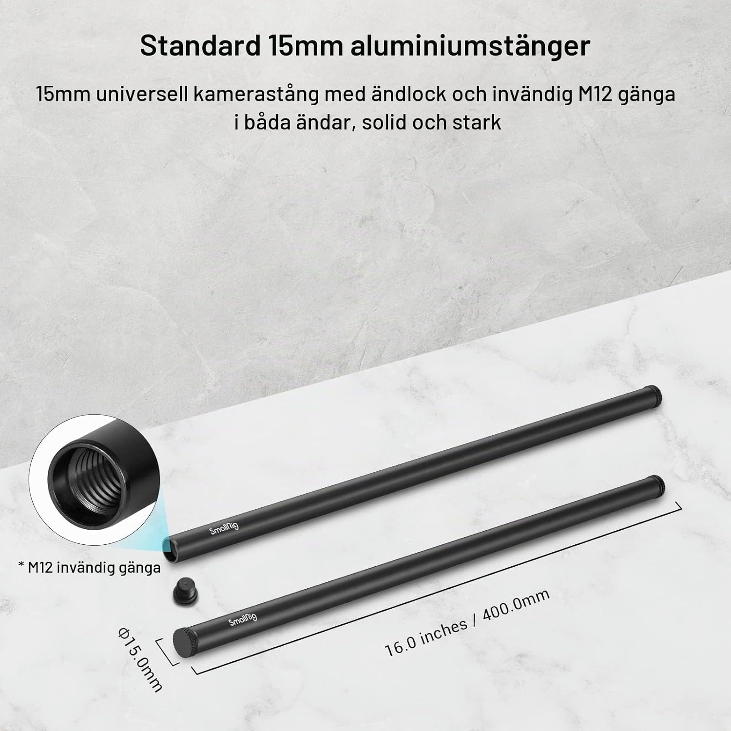 Detalle 2 de SMALLRIG 1054 15 mm aluminiumstänger med M12-innergänga, 40 cm, 2-pack