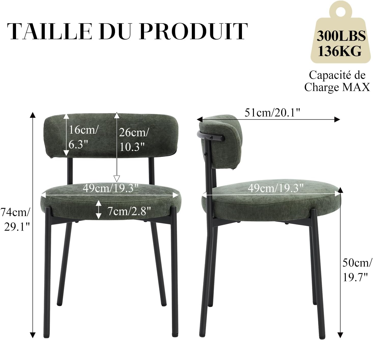 Detalle de Lot de 4 chaises de salle à manger Orirsnug en velours vert avec dossier incurvé et pieds métal noirs