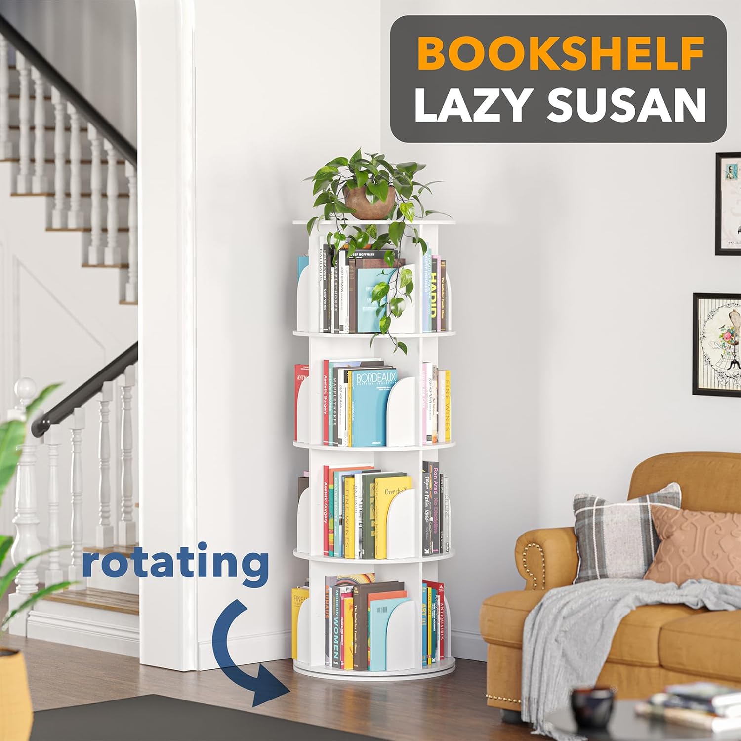Detalle de SpaceAid 4-Tier Rotating Bookshelf Tower (Spinning Lazy Susan) White