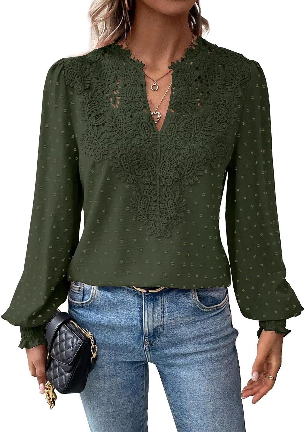 Detalle de Falechay Swiss Dot Boho Long Sleeve V-Neck Chiffon Blouse